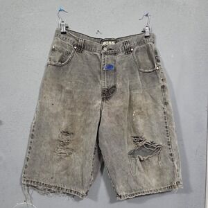 BOSS thrashed Men's Gray Distressed Denim Shorts Baggy Fit Ripped Jeans Size 38